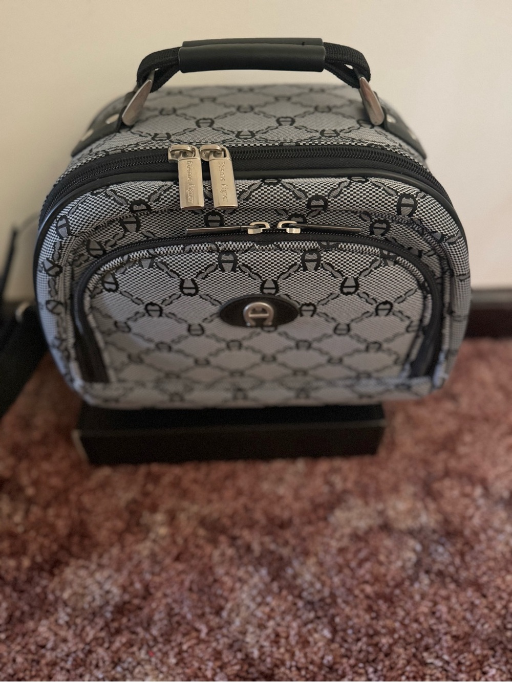 Vintage Etienne Aigner Gray and Black Monogram Train Case